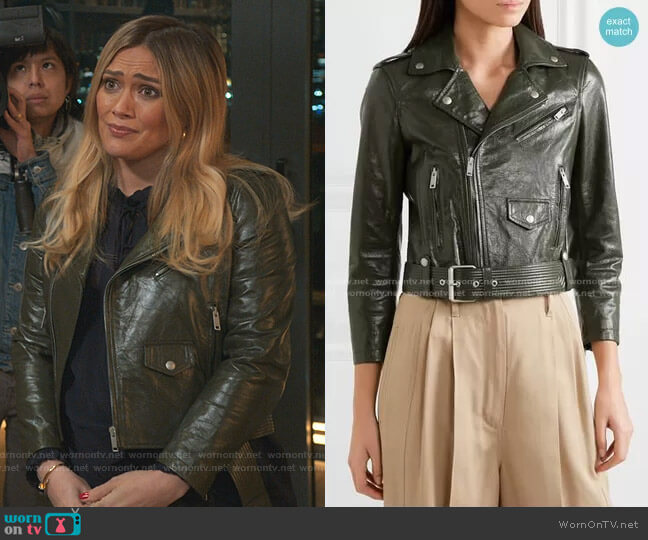 Cropped Textured-leather Biker Jacket by Givenchy worn by Kelsey Peters (Hilary Duff) on Younger