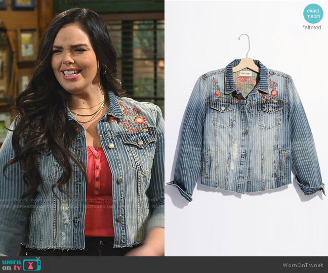 Pinstripe Denim Trucker Jacket by Driftwood worn by Lou Hockhauser (Miranda May) on Bunkd