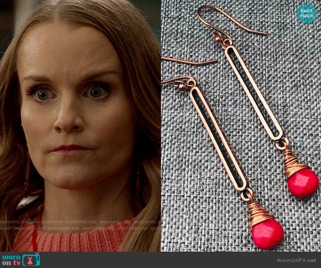 Eileen Heneghan Stout Antique Copper Wire Wrapped Red Jade Earrings worn by Miss Jenn (Kate Reinders) on High School Musical The Musical The Series