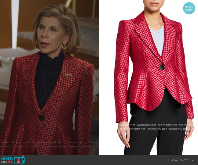 Animal Print Jacquard Jacket by Emporio Armani worn by Diane Lockhart (Christine Baranski) on The Good Fight