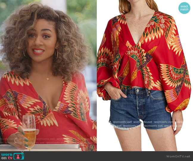 Toucan Bell-Sleeve Blouse by Farm Rio worn by Patience (Chelsea Tavares) on All American