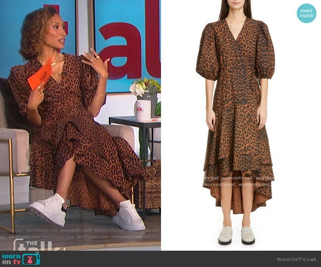 Puff Sleeve Organic Cotton High/Low Wrap Dress by Ganni worn by Elaine Welteroth  on The Talk