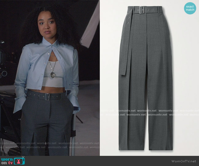 Belted wool-blend straight-leg pants by Helmut Lang worn by Kat Edison (Aisha Dee) on The Bold Type