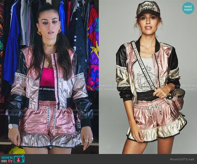 Metallic Bomber Jacket and Shorts by Highly Preppy worn by Rebeca (Claudia Salas) on Elite