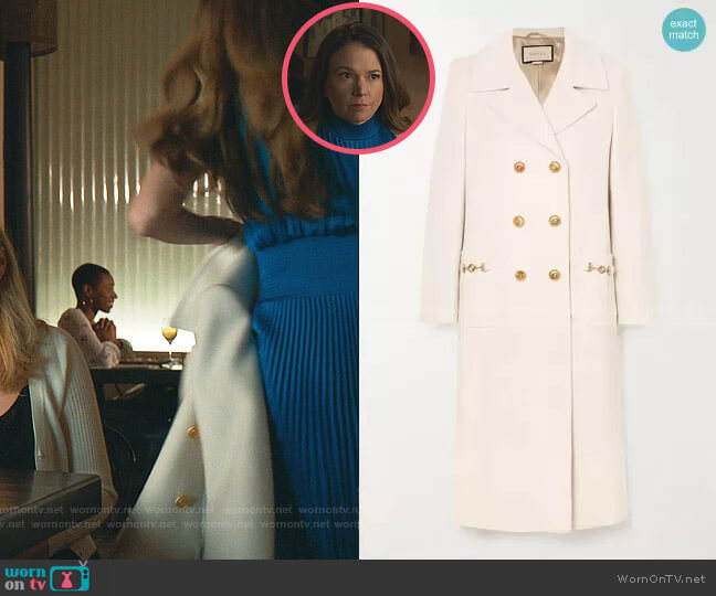 Horsebit-Detailed Double-Breasted Coat by Gucci worn by Liza Miller (Sutton Foster) on Younger