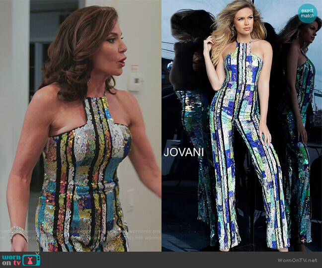 1194 Multi Color Sequin Sleeveless Jumpsuit by Jovani worn by Luann de Lesseps on The Real Housewives of New York City