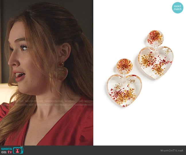 Dried Floral Heart Earrings by Lele Sadoughi  worn by Kirby Anders (Maddison Brown) on Dynasty