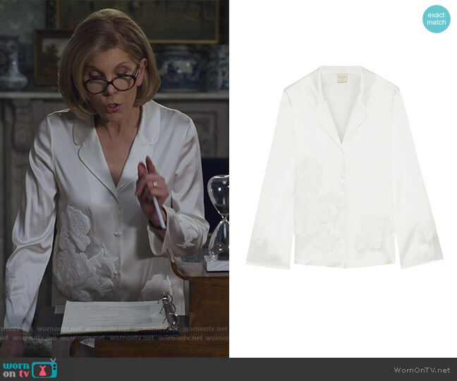 Primrose Hill appliqued stretch-silk satin pajama shirt by Myla worn by Diane Lockhart (Christine Baranski) on The Good Fight