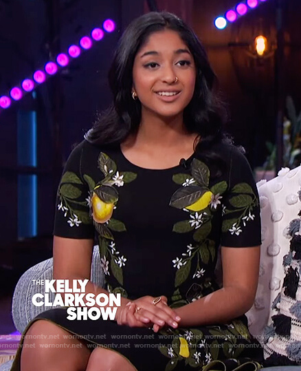 Maitreyi Ramakrishnan’s black floral flared dress on The Kelly Clarkson Show