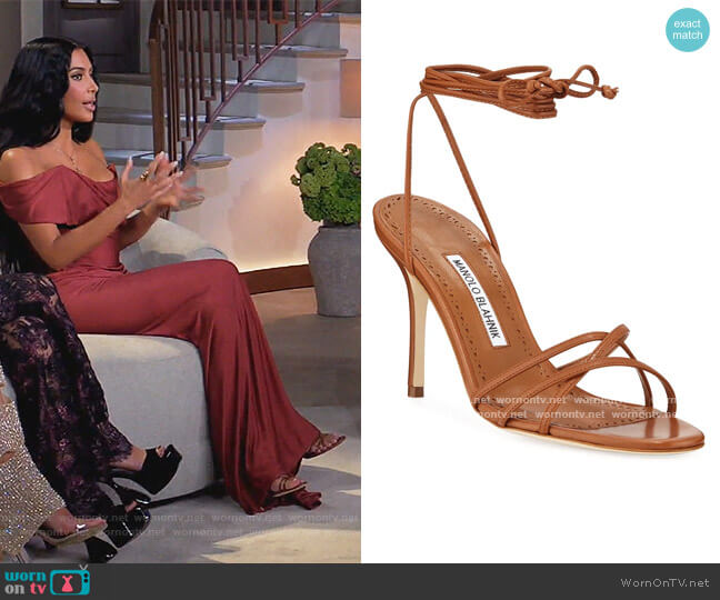 Leva Metallic Strappy Ankle-Wrap Sandals by Manolo Blahnik worn by Kim Kardashian on Keeping Up with the Kardashians