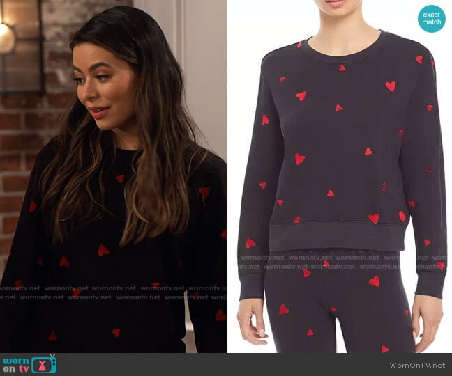 Monrow Embroidered Hearts Sweatshirt worn by Carly Shay (Miranda Cosgrove) on iCarly