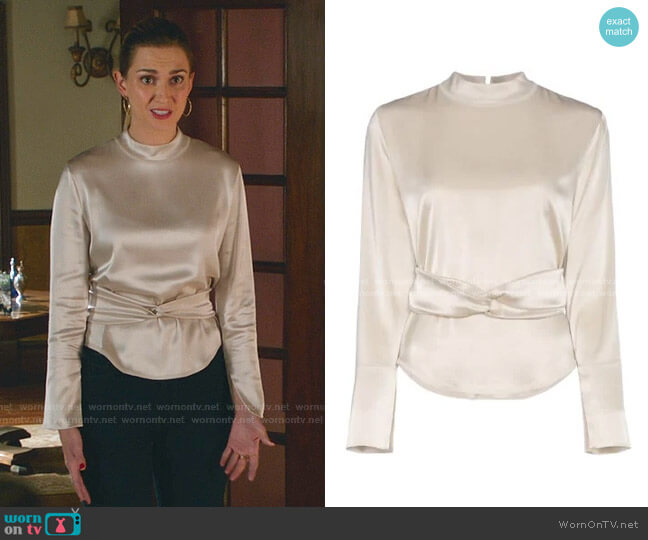 Almond Belted Satin Blouse by Nanushka worn by Joy Harper (Katherine Barrell) on Good Witch