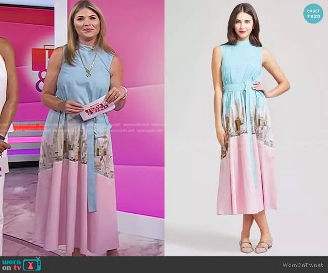 New York City Printed Poplin Belted High Neck Dress by Lela Rose worn by Jenna Bush Hager on Today