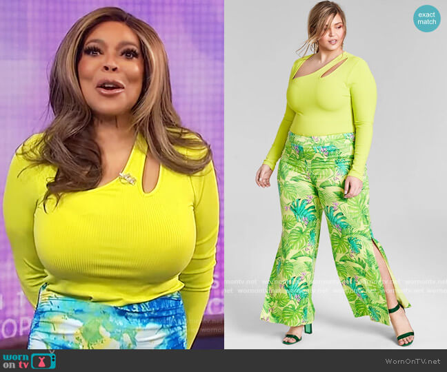 Trendy Plus Size Asymmetrical Cutout Bodysuit by Nina Parker worn by Wendy Williams on The Wendy Williams Show