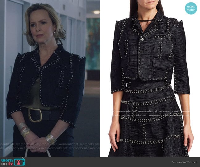 Chain-Stitch Herringbone Cropped Jacket by Noir Kei Ninomiya worn by Jacqueline (Melora Hardin) on The Bold Type