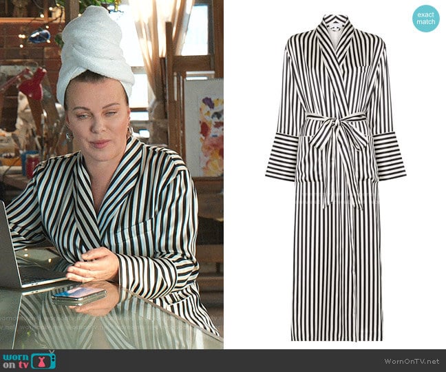 Capability Striped Silk Dressing Robe by Olivia von Halle worn by Maggie (Debi Mazar) on Younger