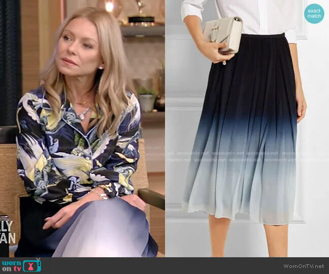 Ombré Silk-Chiffon Midi Skirt by Burberry worn by Kelly Ripa on Live with Kelly and Mark