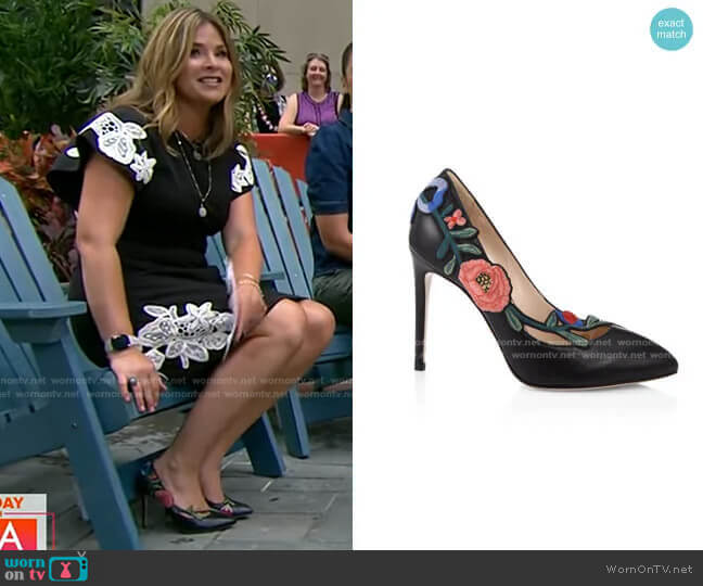 Ophelia Floral-embroidered Leather Pump by Gucci worn by Jenna Bush Hager on Today