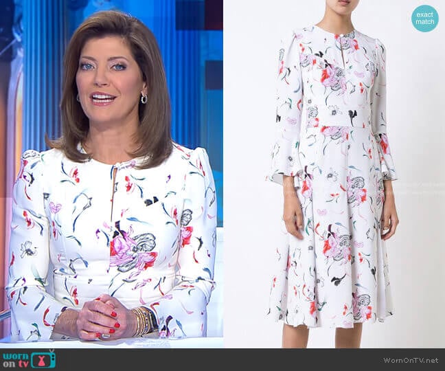 Pleated Skirt Floral Dress by Prabal Gurung worn by Norah O'Donnell on CBS Evening News