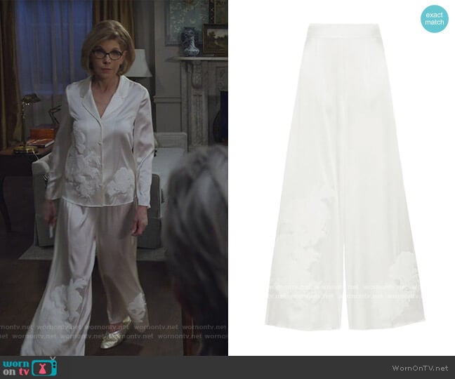 Primrose Hill appliqued stretch-silk satin pajama pants by Myla worn by Diane Lockhart (Christine Baranski) on The Good Fight