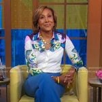 Robin’s abstract print blouse and blue pants on Good Morning America