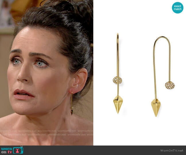 Rebecca Minkoff Pavé Ball Threader Earrings worn by Quinn Fuller (Rena Sofer) on The Bold and the Beautiful