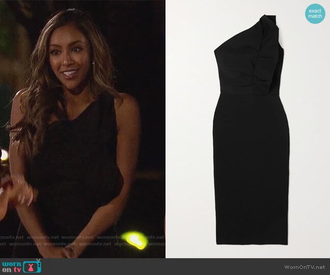 Raven one-shoulder ruffled stretch-knit midi dress by Roland Mouret worn by Tayshia Adams on The Bachelorette