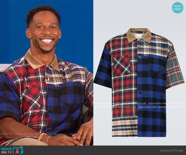 Plaid Mix short-sleeved shirt by Sacai worn by Victor Cruz on The Talk