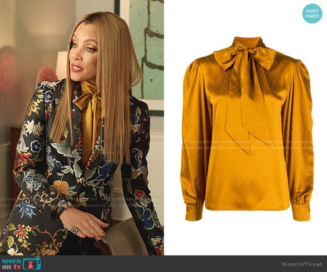 All-Over Monogram Pussy-Bow Blouse by Saint Laurent worn by Dominique Deveraux (Michael Michele) on Dynasty