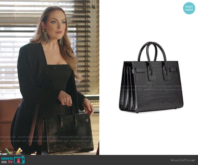 Sac de Jour Small Shiny Croco Effect Satchel Bag by Saint Laurent worn by Fallon Carrington (Elizabeth Gillies) on Dynasty