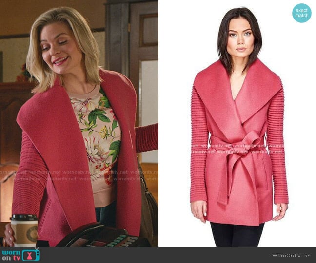 Shawl Collar Wrap Coat with Ribbed Sleeves in Tourmaline Pink by Sentaler worn by Stephanie Borden (Kylee Evans) on Good Witch