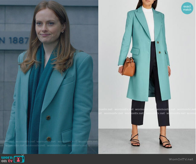 Turquoise Coat by Smythe worn by Alex Paxton-Beesley