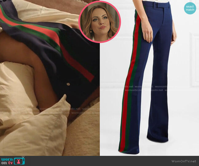 Striped Wool and Silk-Blend Cady Flared Pants by Gucci worn by Fallon Carrington (Elizabeth Gillies) on Dynasty