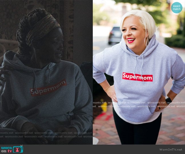 Supermom Hoodie in Gray by Supermom Culture worn by Jada Washington (Yolonda Ross) on The Chi