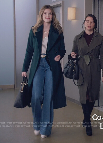 Sutton’s green coat and cami on The Bold Type