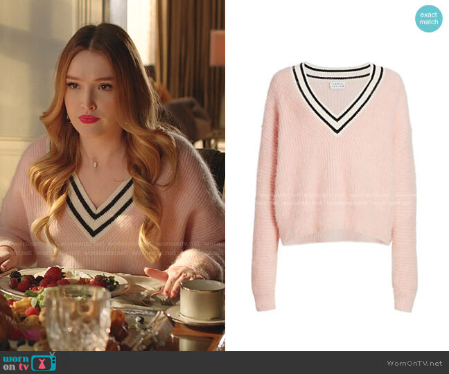Millie Striped V-Neck Sweater by Tanya Taylor worn by Kirby Anders (Maddison Brown) on Dynasty