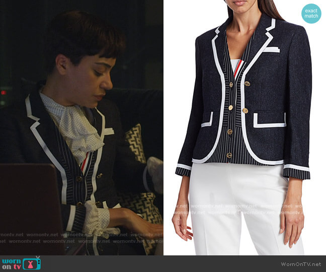 Trompe L'oeil Cardigan Combo Jacket by Thom Browne worn by Lucca Quinn (Cush Jumbo) on The Good Fight