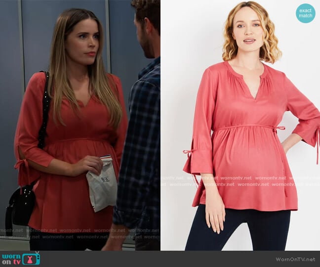 Tie Sleeve Maternity Blouse in Navy by Motherhood Maternity worn by Sasha Gilmore (Sofia Mattsson) on General Hospital