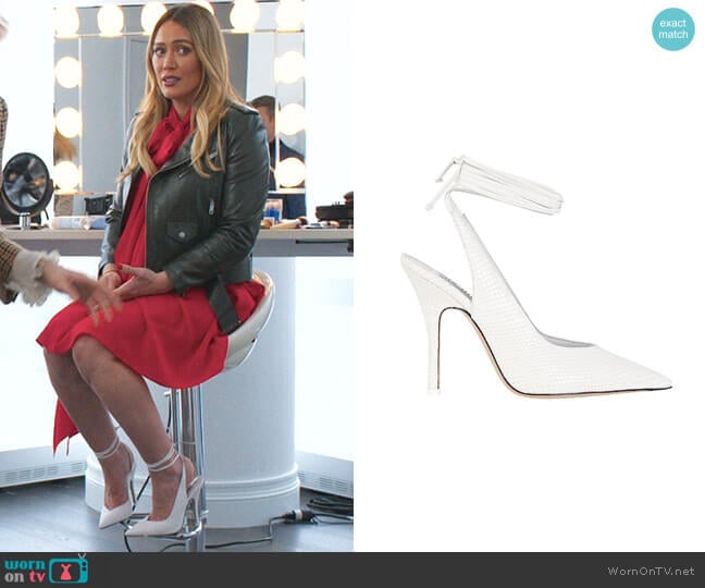 Venus Croc-Embossed Pumps by Attico  worn by Kelsey Peters (Hilary Duff) on Younger