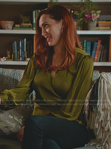 Abigail’s green satin wrap top on Good Witch