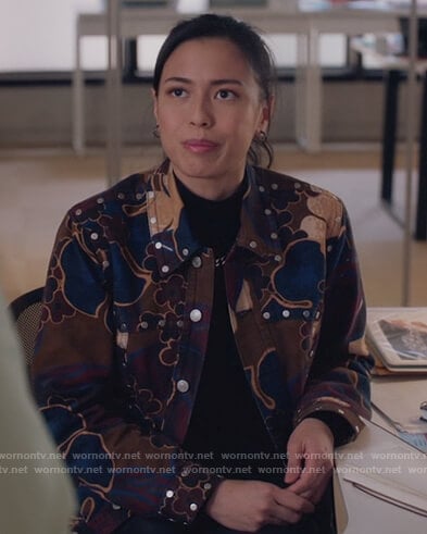 Addison’s brown floral print jacket on The Bold Type