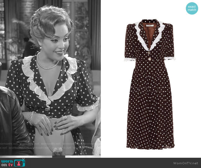 Polka-Dot Silk Midi Dress by Alessandra Rich worn by Fallon Carrington (Elizabeth Gillies) on Dynasty