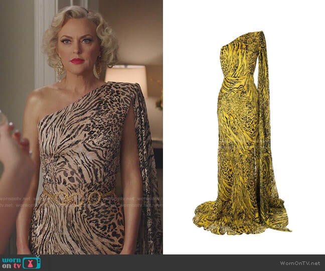 Rhett Animal-Print Cape-Sleeve Gown by Alex Perry worn by Alexis Carrington (Elaine Hendrix) on Dynasty