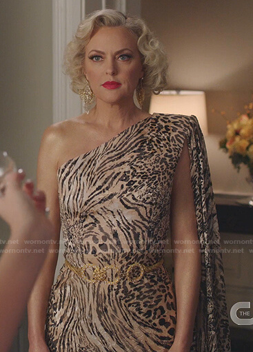 Alexis's animal print one-shoulder dress on Dynasty