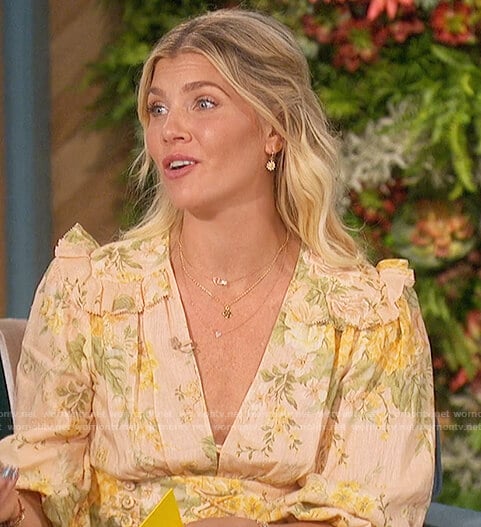 Amanda’s yellow floral print mini dress on The Talk