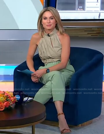 Amy’s khaki halter top and green belted pants on Good Morning America