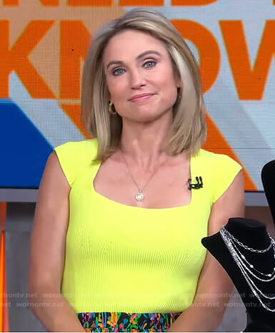 Amy's yellow ribbed top and floral mini skirt on Good Morning America