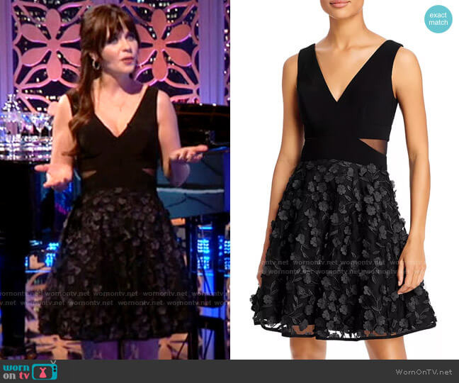 Zooey Deschanel’s black floral applique dress on Celebrity Dating Game