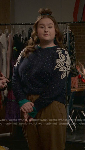 Ashlyn's navy dotted sweatshirt with embroidery on High School Musical The Musical The Series