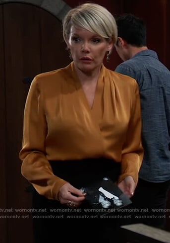 Ava’s yellow gold pleated blouse on General Hospital